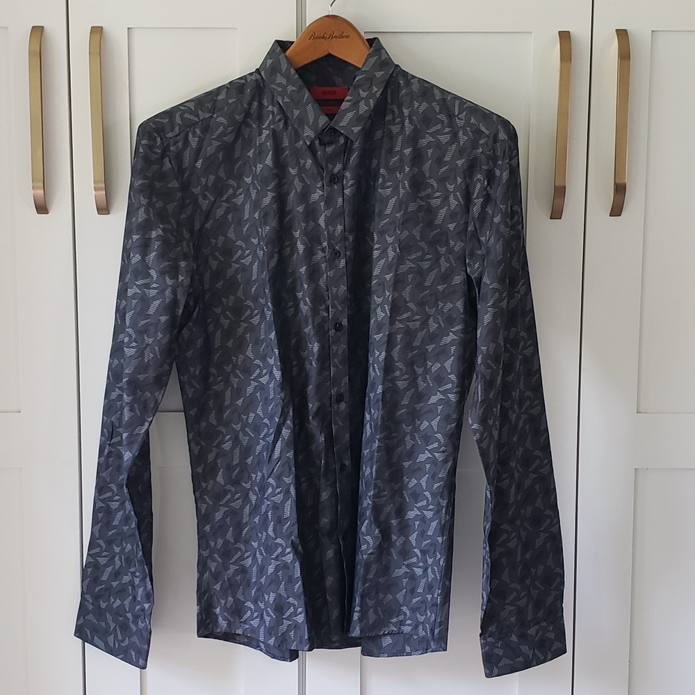 Hugo Boss Shirt Mens XL Navy Gray Pattern Long Sleeve Button Up Slim Fit Luxury